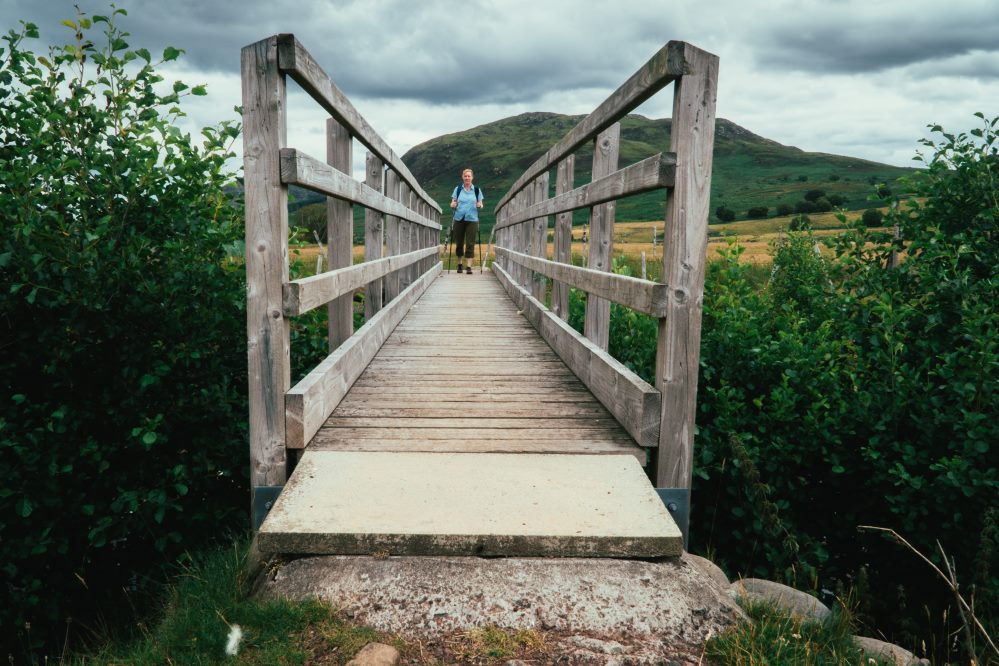 River Crossing Walker crossing a bridge on the South Loch Ness Trail