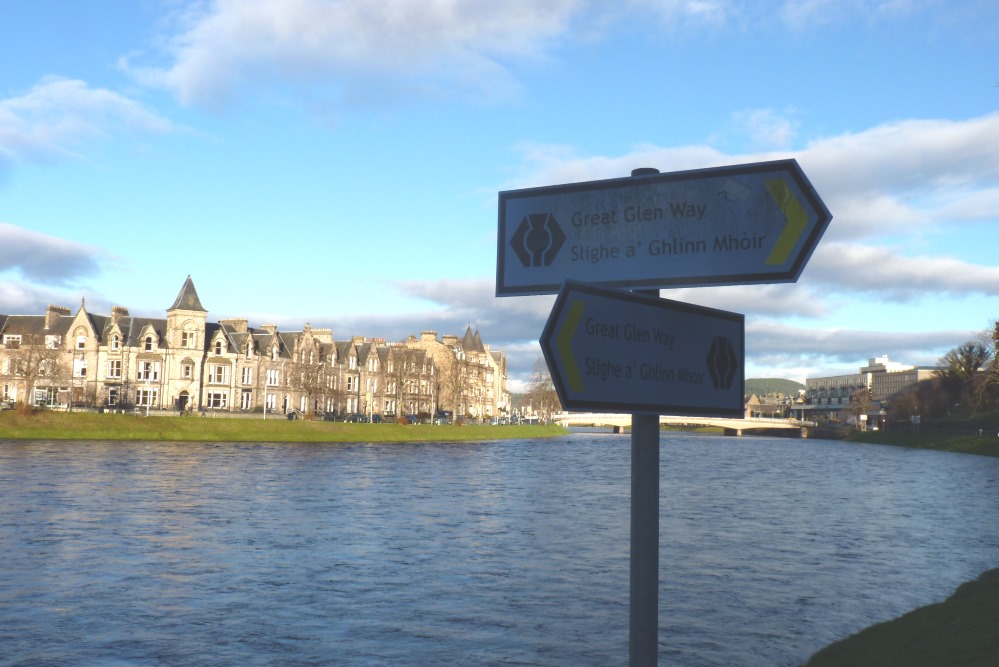 Inverness riverside Great Glen Way signpost in Inverness near the River Ness