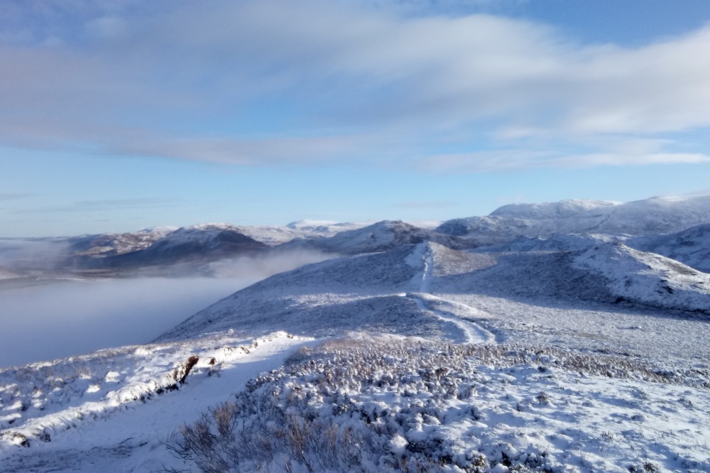 Trail at Suidhe in winter View of the hills around Stratherrick from South Loch Ness Trail viewpoint in winter
