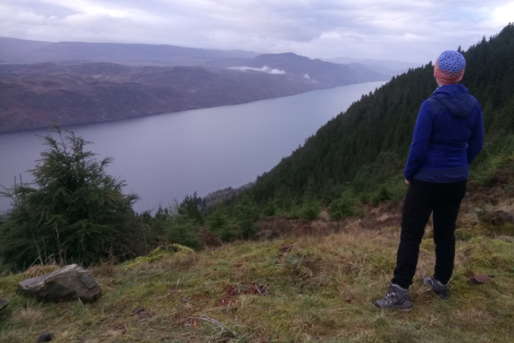 View of Loch Ness from the trail Walker looking over Loch Ness from the Great Glen Way near Drumnadrochit