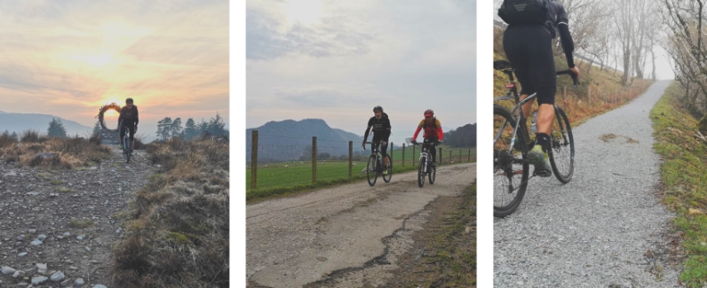 grid of 3 pictures of Cyclists and runners on the trail