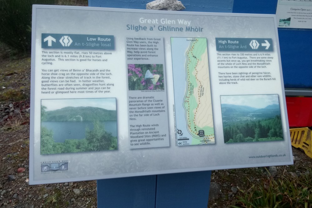 Signpost for high route and low route on the Great Glen Way near Invermoriston